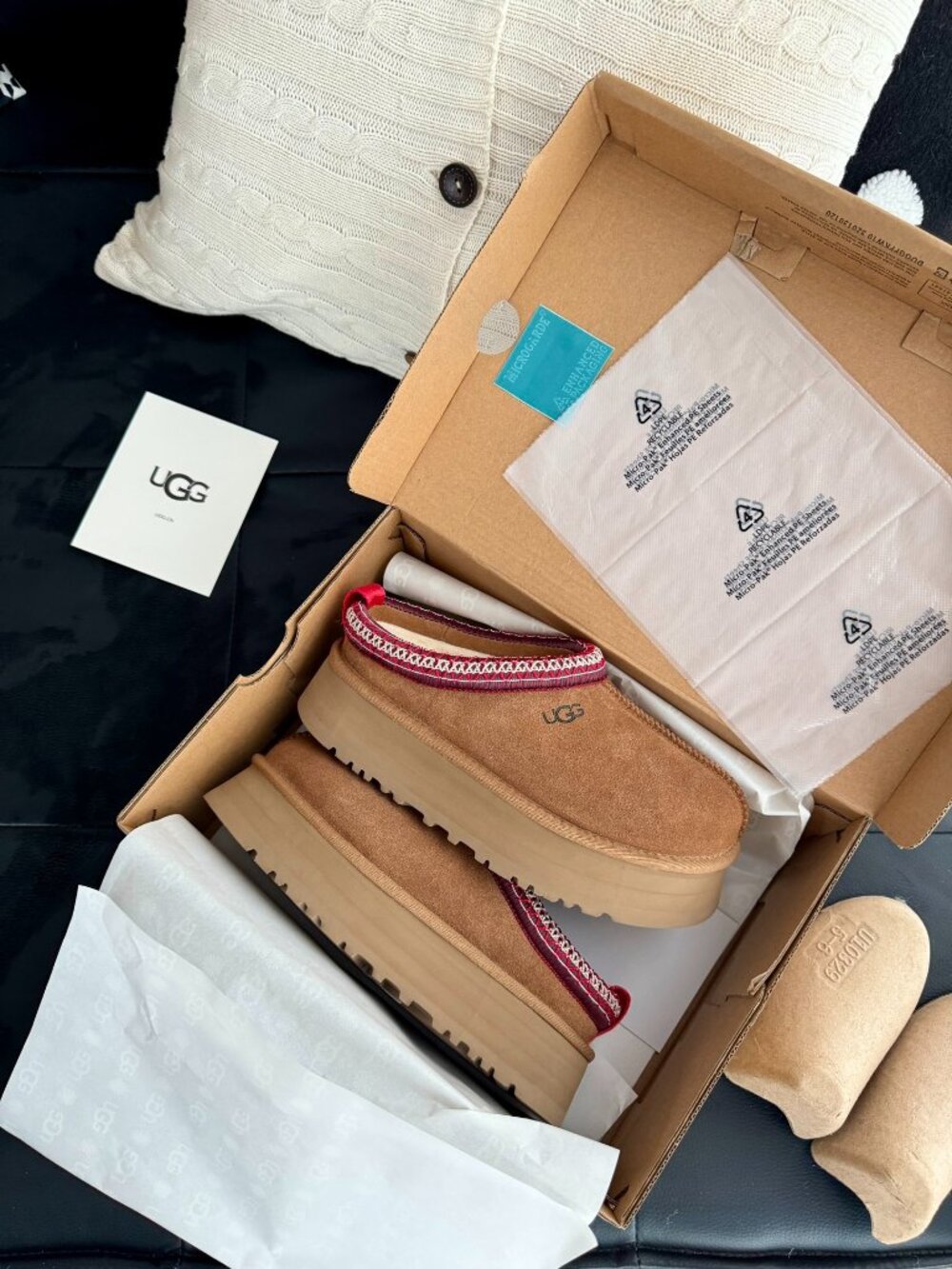 UGG Chestnut Slip-On Slippers with Red Braided Trim – Brand New